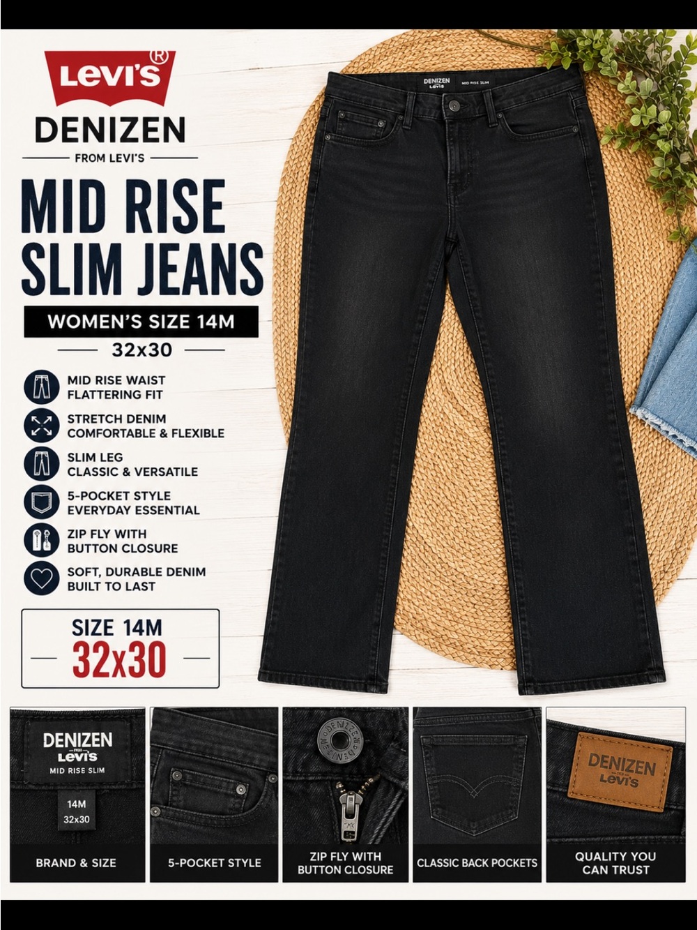 Denizen from Levi's Women’s Mid Rise Slim Jeans — Black